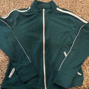 Elegant Teal Bomber Jacket with White Trim